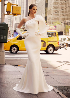 One Shoulder Ivory Satin Wedding Dress With Oversize Bow